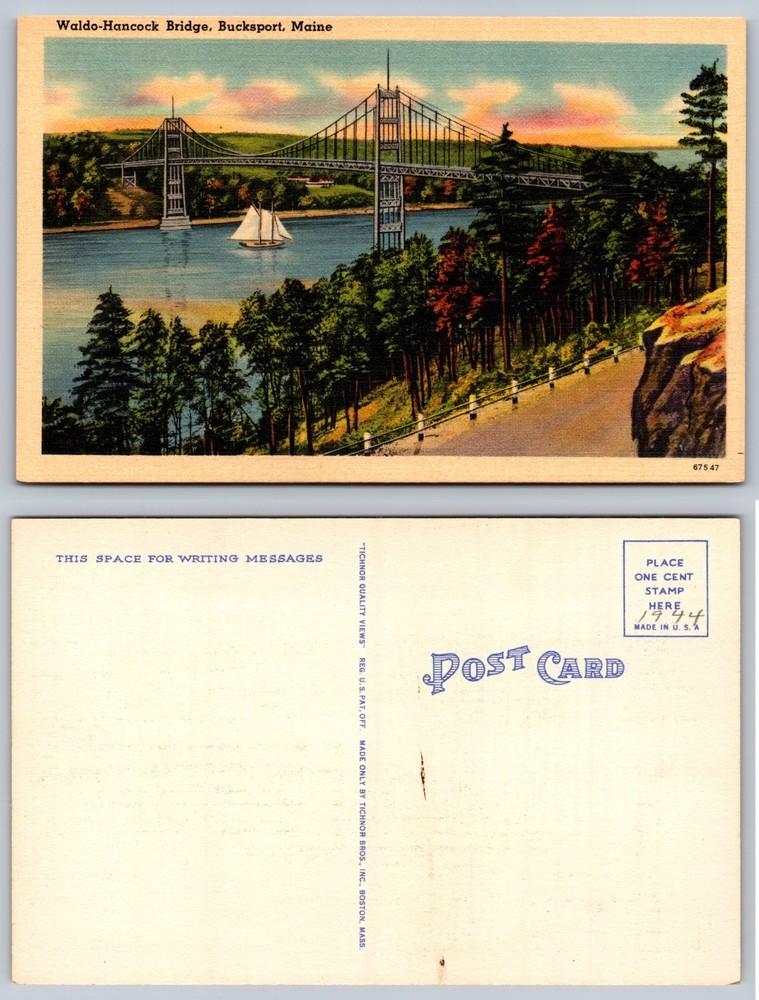 Waldo Hancock Bridge Bucksport Maine Sailboat Postcard