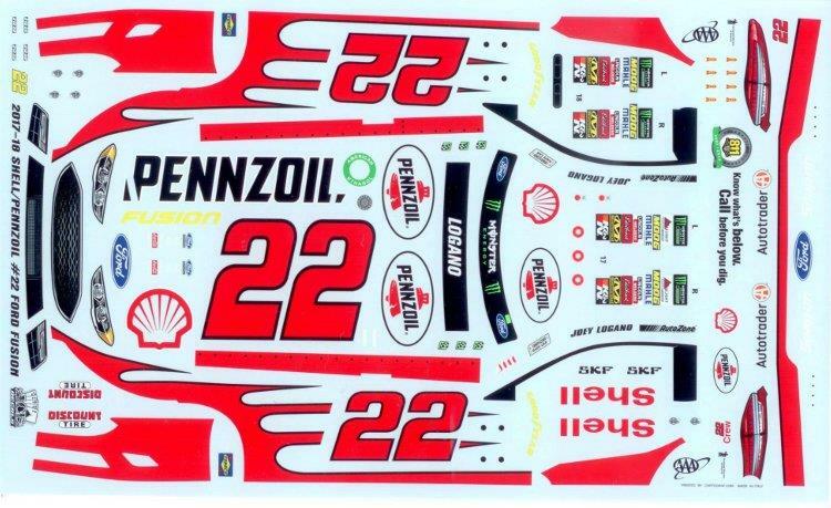 Joey Logano 2017-18 Pennzoil Shell 1/24 NASCAR Diecast with Decals