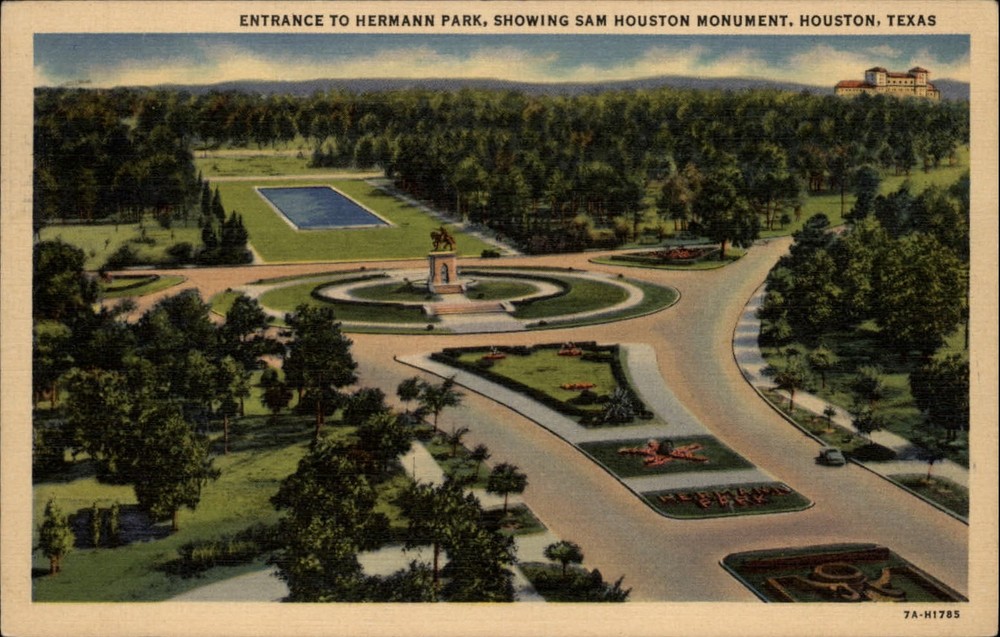 Entrance Hermann Park Sam Houston Monument Texas aerial view ~ dated 1938 linen
