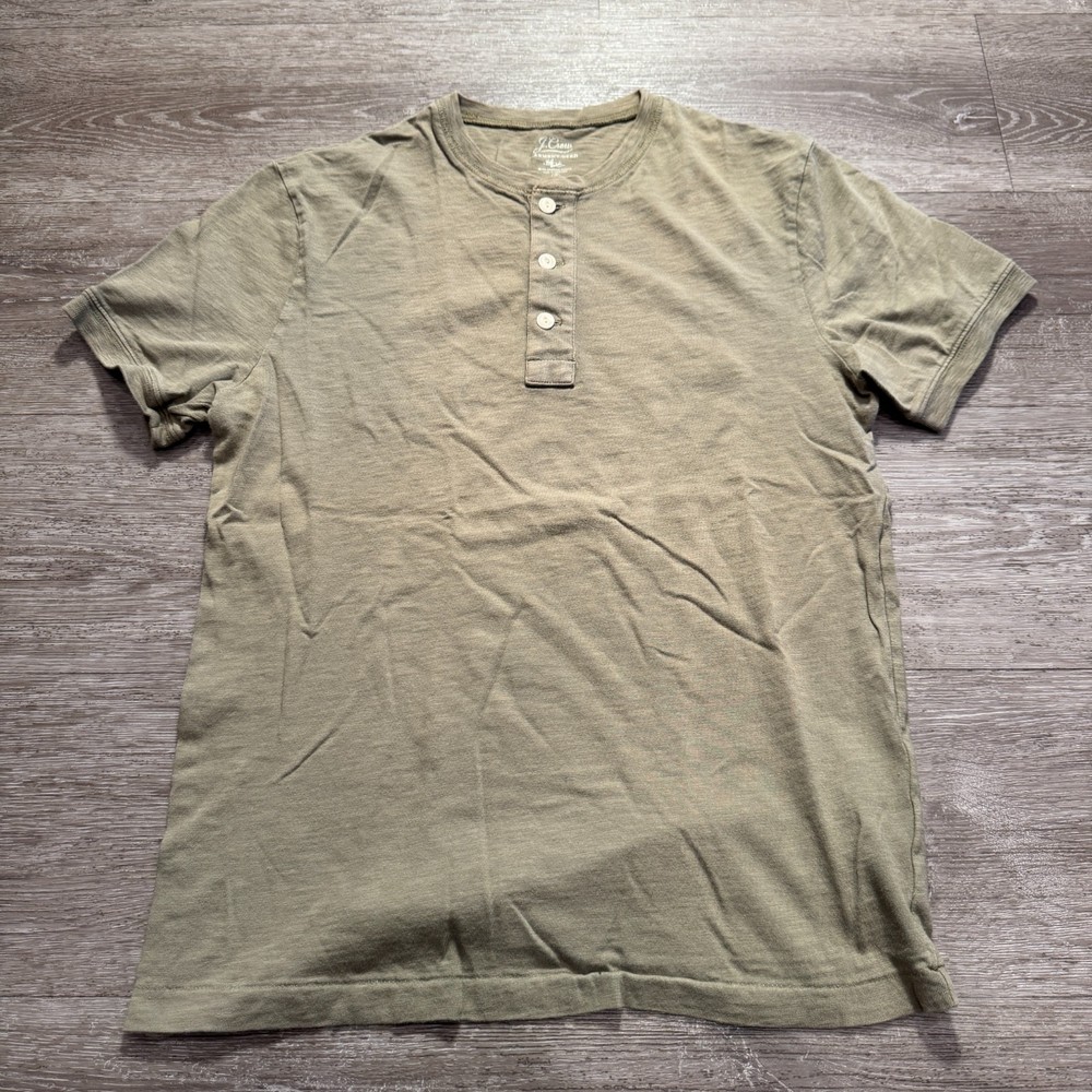 J Crew Shirt Mens Small Green Short Sleeve Garment Dyed Slub Cotton Henley Top