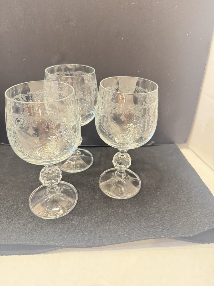Vintage Set of 3 Bohemian Crystal Diamond Cut Etched Wine Glasses 6''