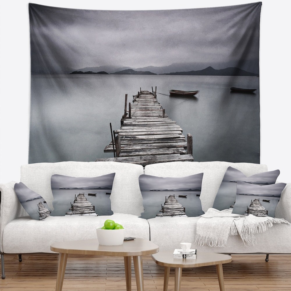 Designart 'Pier and Boats at Seashore' Bridge Wall Tapestry  Small