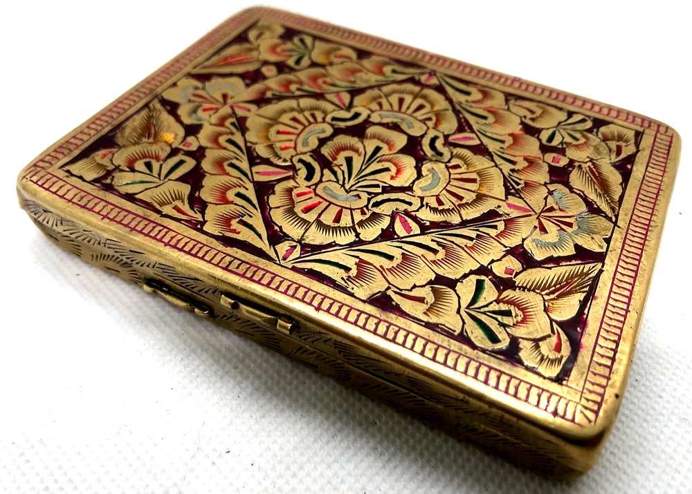 Vintage Brass and Enamel Cigarette Box with Flower Engraving, Jewelry