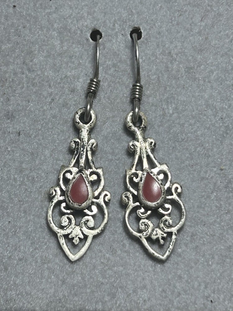 Vintage Art Deco Style Filigree Sterling Silver Red Carnelian Dangle Earrings