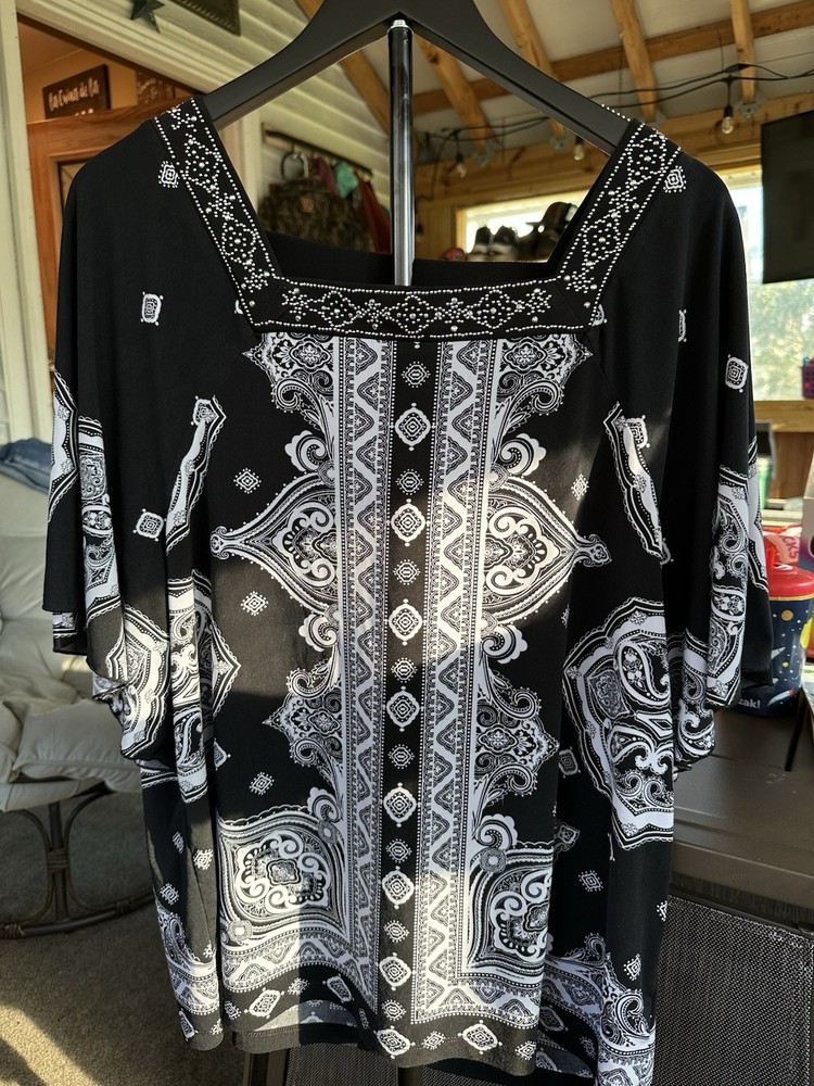 JM Collection Black White Paisley Square Neck Rhinestone 3/4 Sleeve Top XL