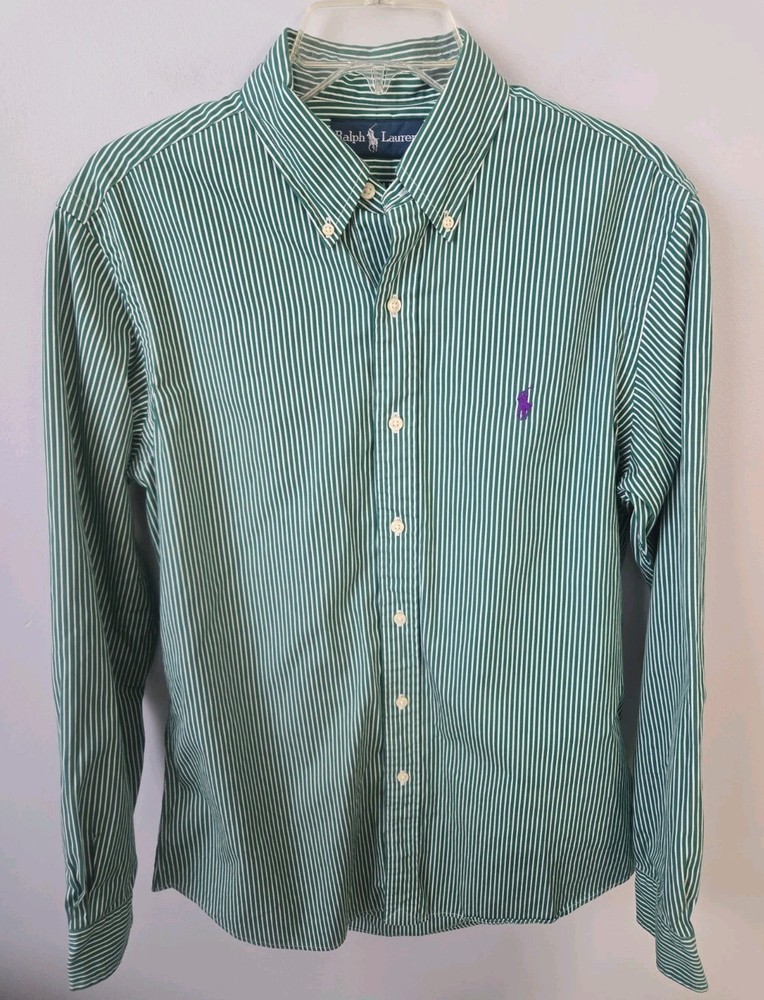 Ralph Lauren Men’s Button Down Shirt Green White Striped Pony Logo Size M...