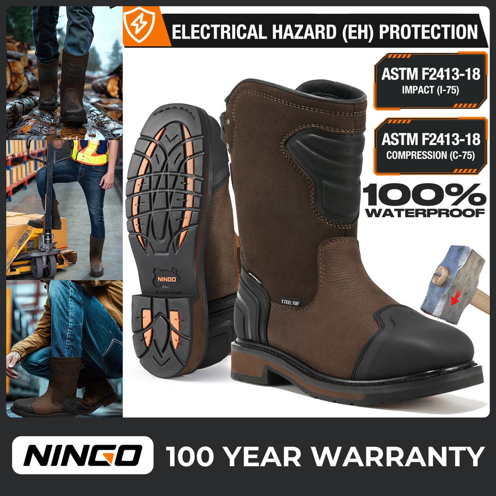 NINGO Men Waterproof Work Boots Steel Toe EH Protection Leather Wellington Boots