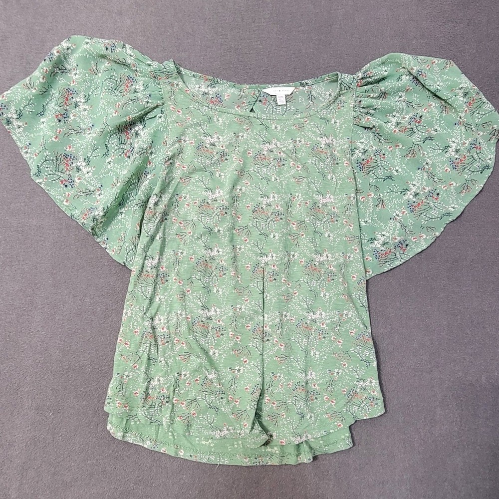 EUC Lucky Brand Women's Blouse Top Sz M Green Floral Puff Sleeves Peasant