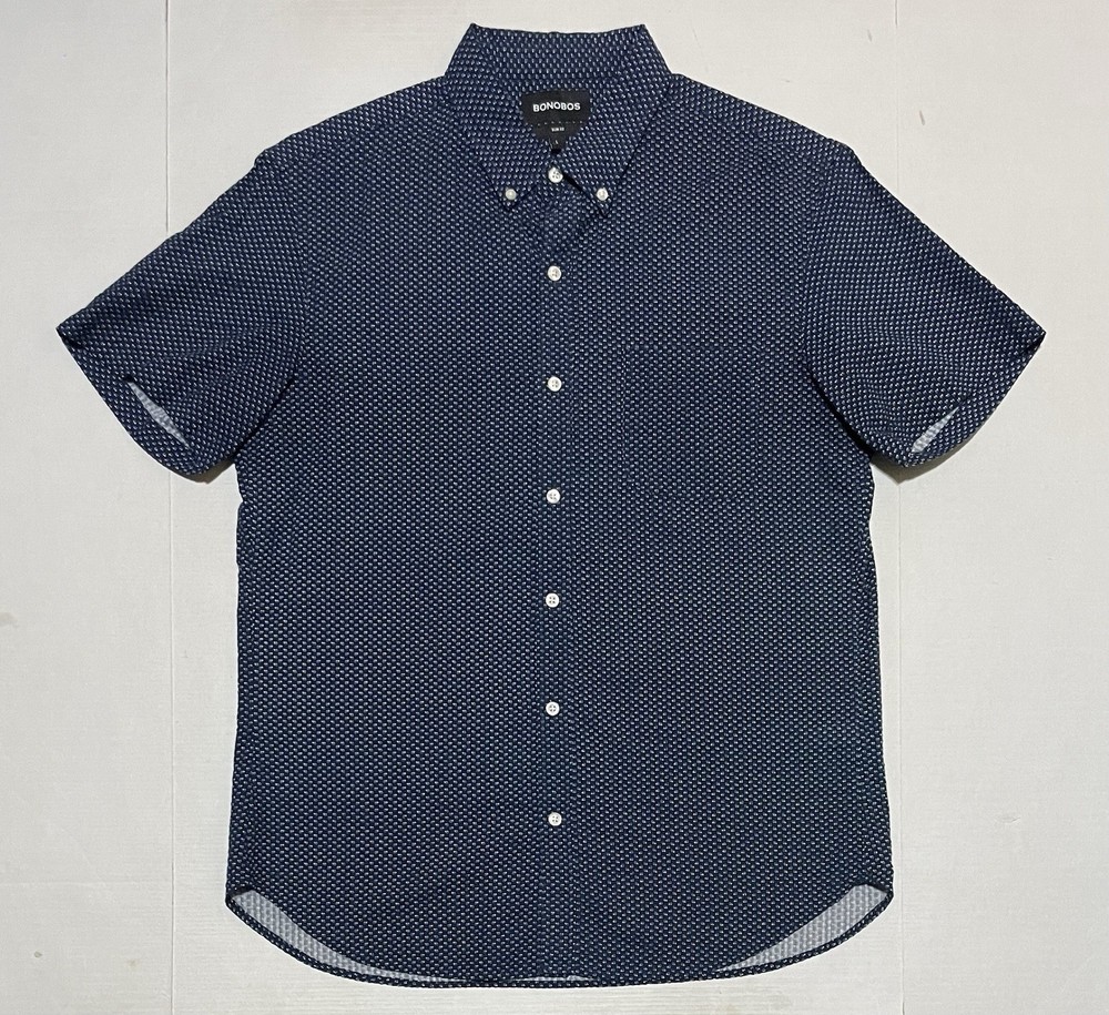 Bonobos Slim Fit Shirt Mens Large Blue Dobby Geometric Print Short Sleeve