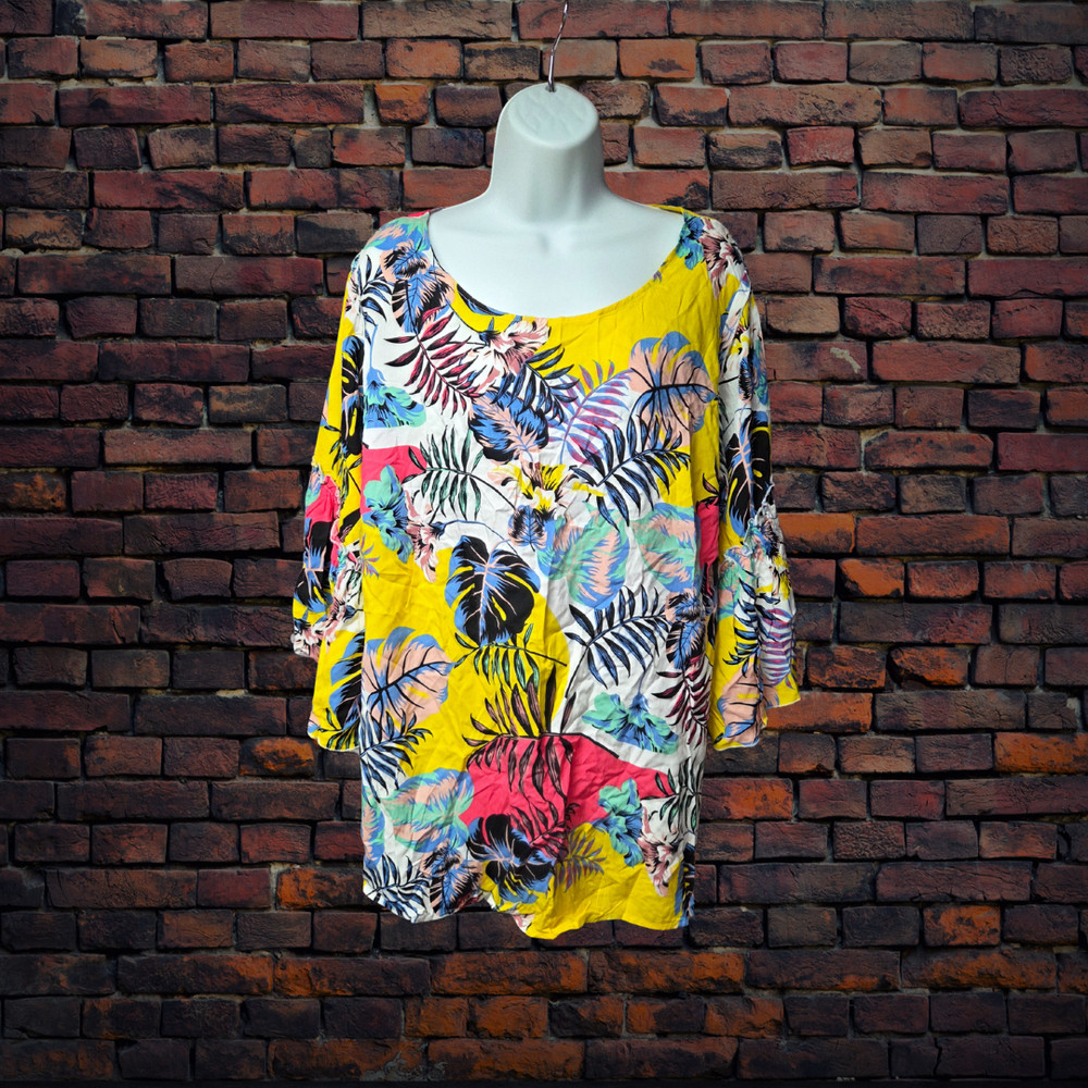 NY Collection Yellow Tropical Floral Top 2X Women Rayon Tunic Blouse Plus Size