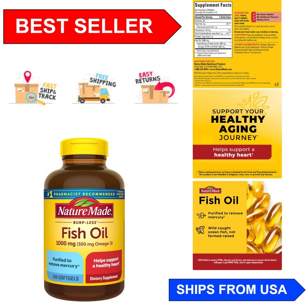 Omega 3 Fish Oil 1000mg Softgels, 150 Count - Brain & Heart Health Booster