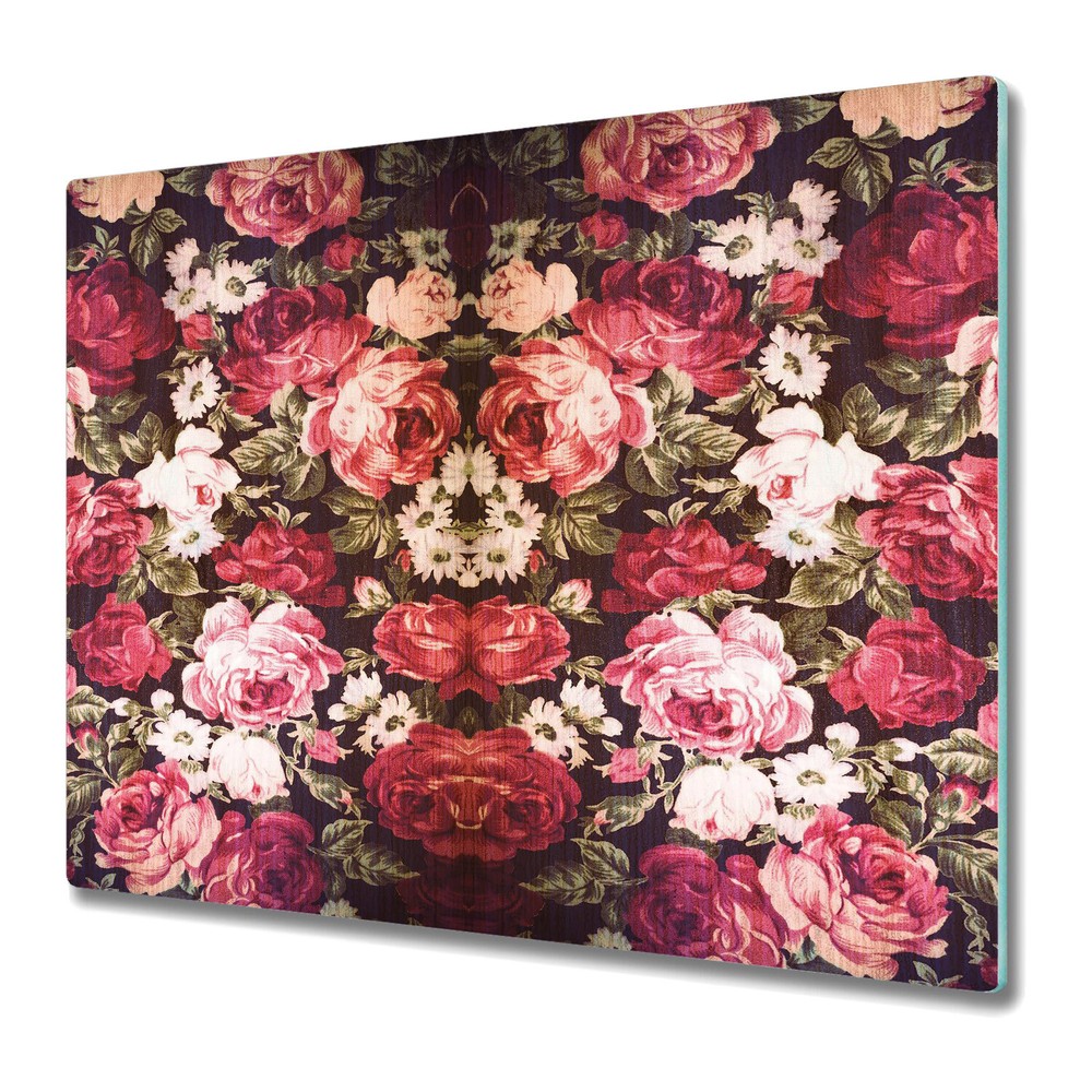 Vintage Red Roses Watercolour Glass Worktop Saver Abstract Art Design