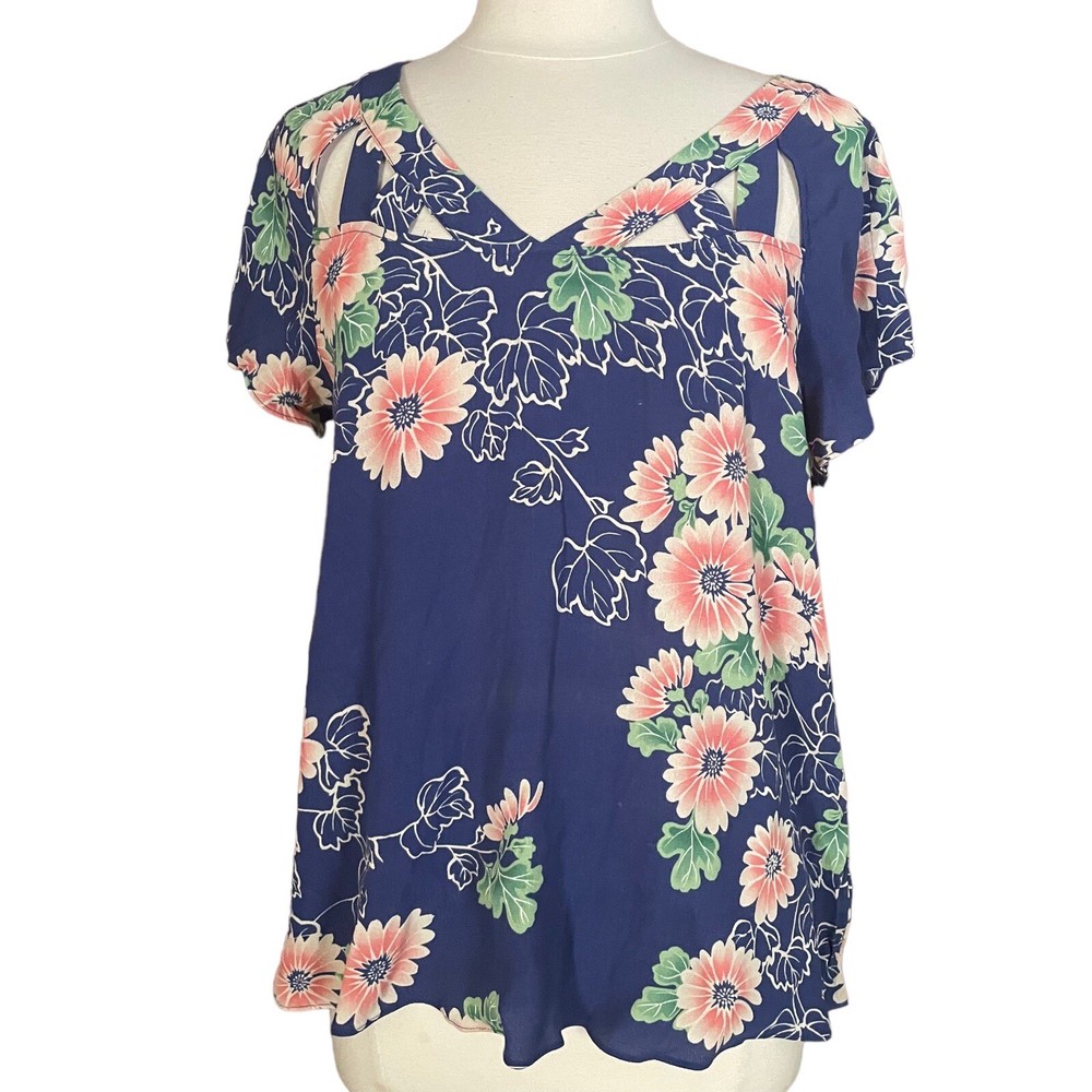 Anthropologie Maeve Sz 12 Top Blouse Floral Print Boho Short Sleeves Coastal