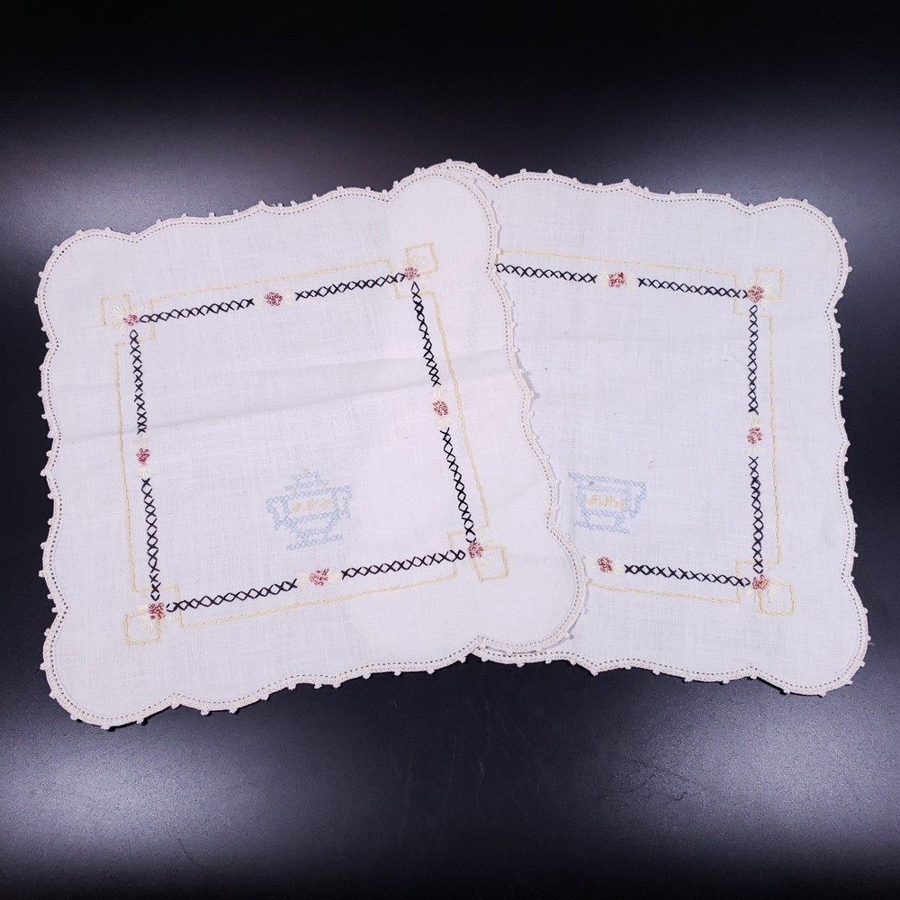 Vintage 1950s CREAMER SUGAR Blue Yellow Hand Embroidered Linen Doily NAPKIN SET