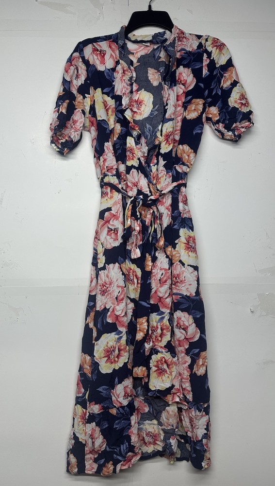 Old Navy Woman’s Midi Wrap Short Sleeve Dress V-neck Navy Blue Floral Size M