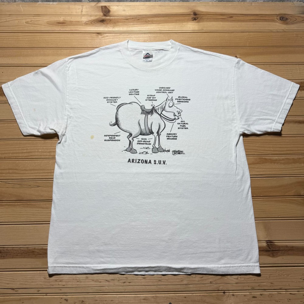 Vintage Y2K Arizona SUV Horse Automotive Parts Cartoon Graphic Funny T-Shirt XL