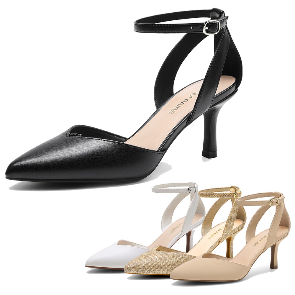 Women Pointed Toe Kitten Heel Pumps with Ankle Strap for Office Wedding Party