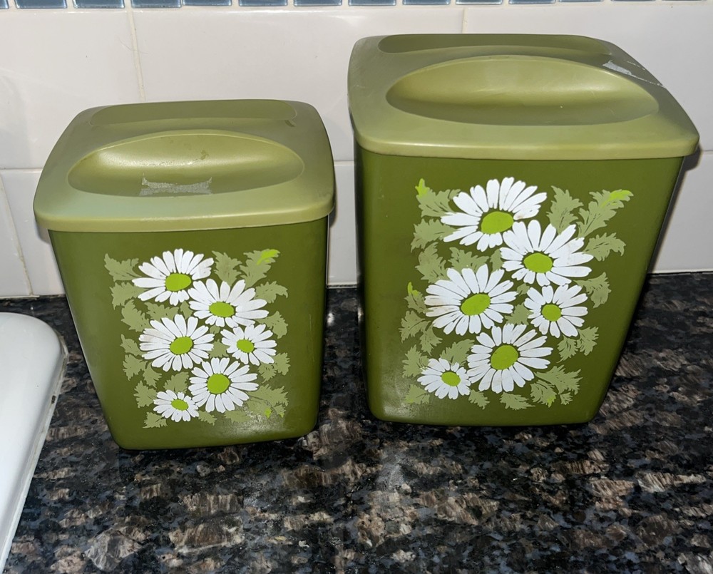 Vintage MCM Avocado Green Floral Plastic Nesting Canister Set 2 Pc