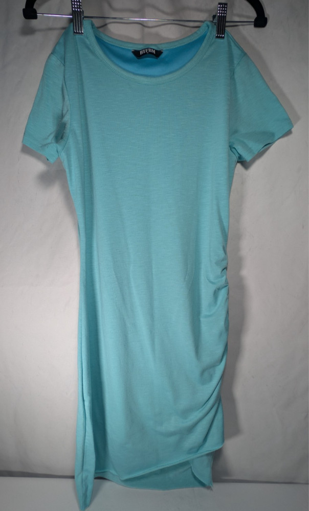 BTFBM Women’s Aqua Blue Ruched Bodycon Midi Dress Size S Short Sleeve Stretch