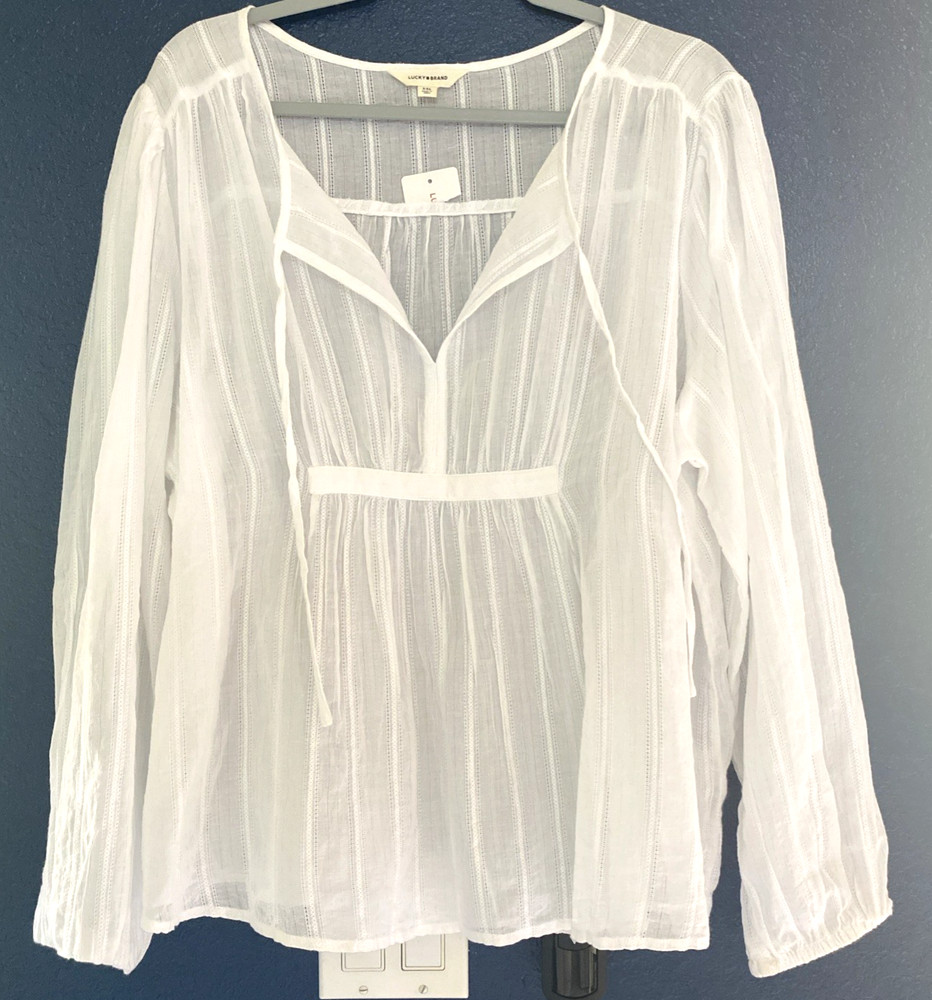 Nwt Womens Lucky Brand White Tie Neck Volume Sleeve Peasant Blouse Plus Xxl