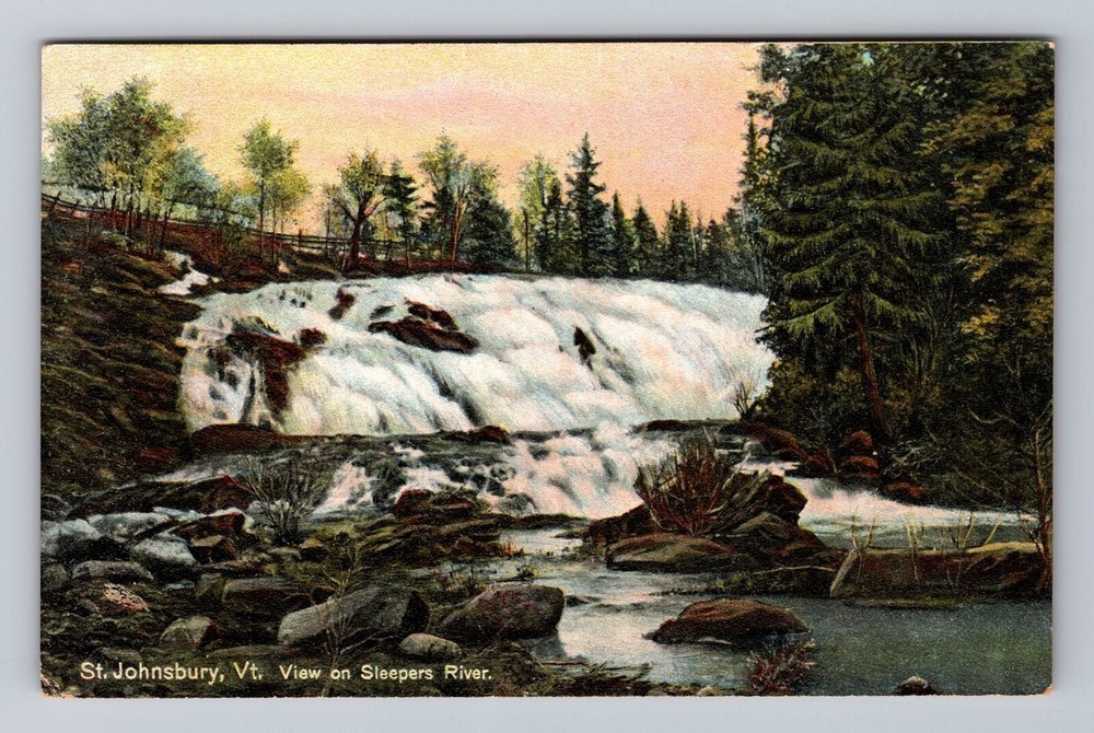 St Johnsbury VT-Vermont View on Sleepers River Vintage Postcard