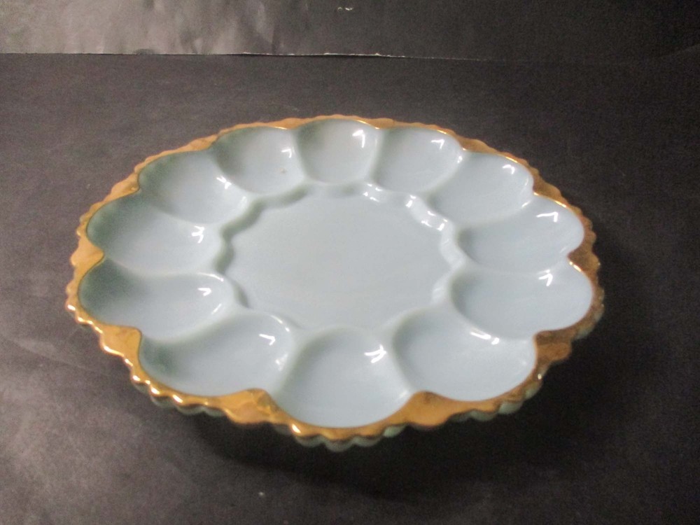 Vintage Anchor Hocking Fire King Milk Glass Delphite Blue Egg Plate