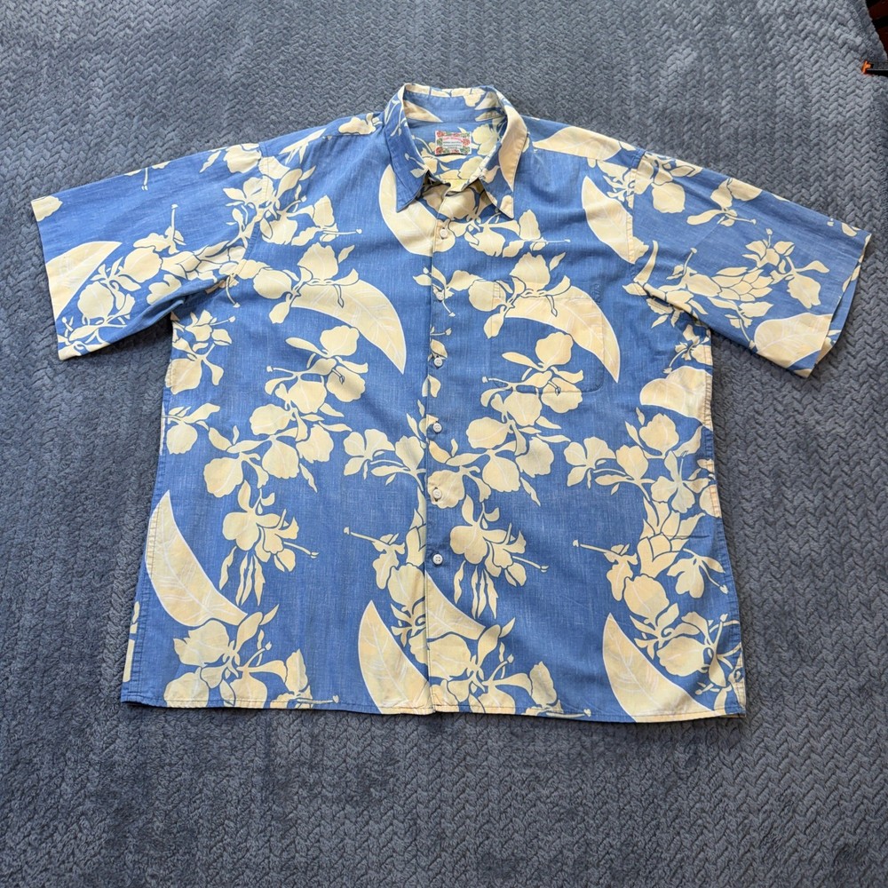 VTG Reyn Spooner Hawaiian Shirt Mens XL Blue Cream Floral Commemorative Classics