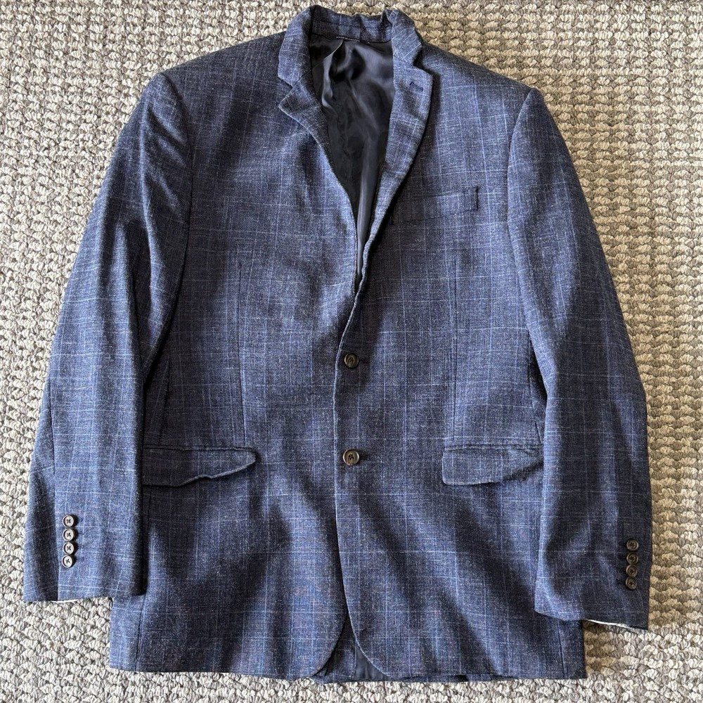 Ralph Lauren Sport Coat Men’s 44L Blue Wool Silk Linen Blend Textured