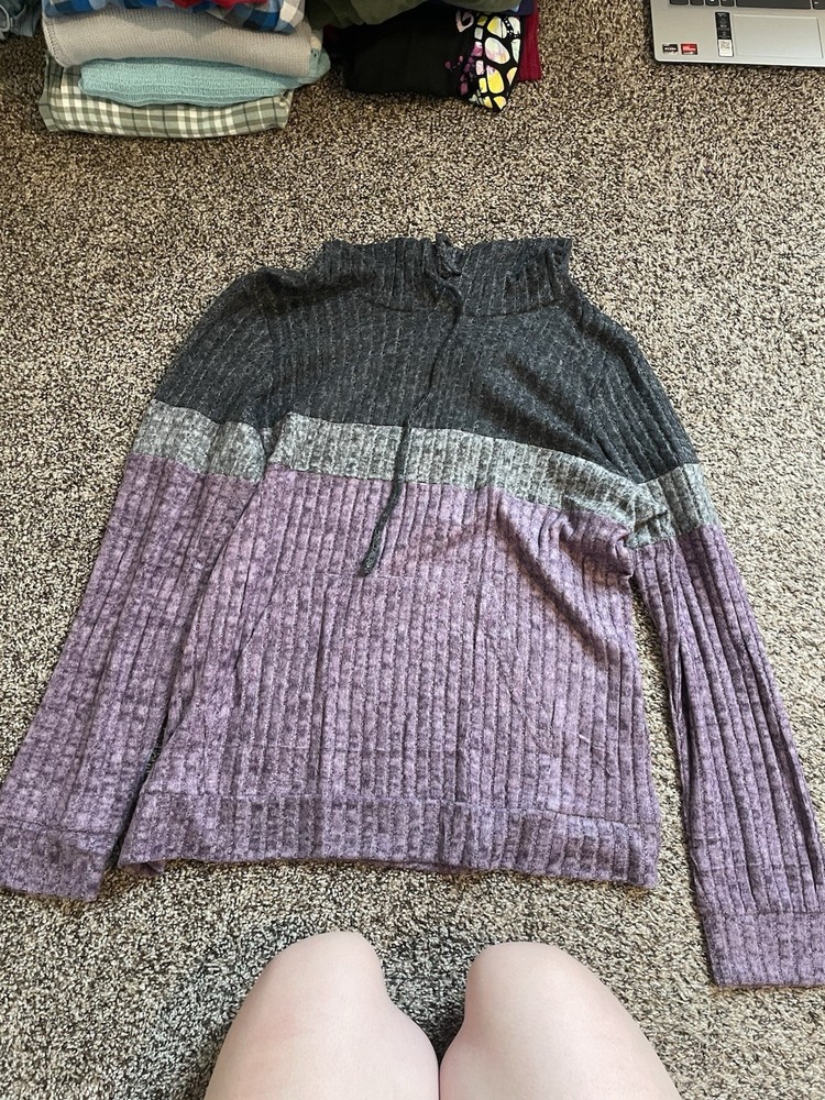 Women's Colorblock Knit Pullover Hoodie Gray Purple Long Sleeve Size L