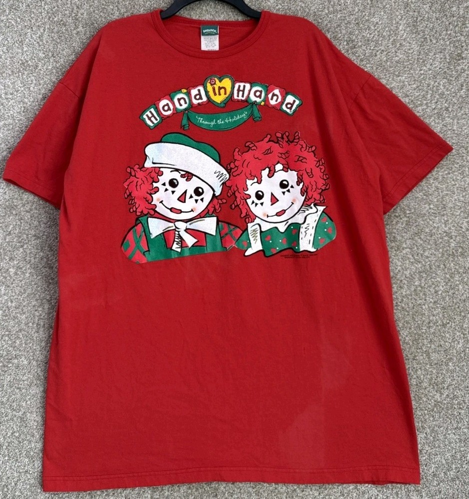Vintage 90s Snowden Raggedy Anne & Andy Red Holiday's Christmas T-Shirt One Size