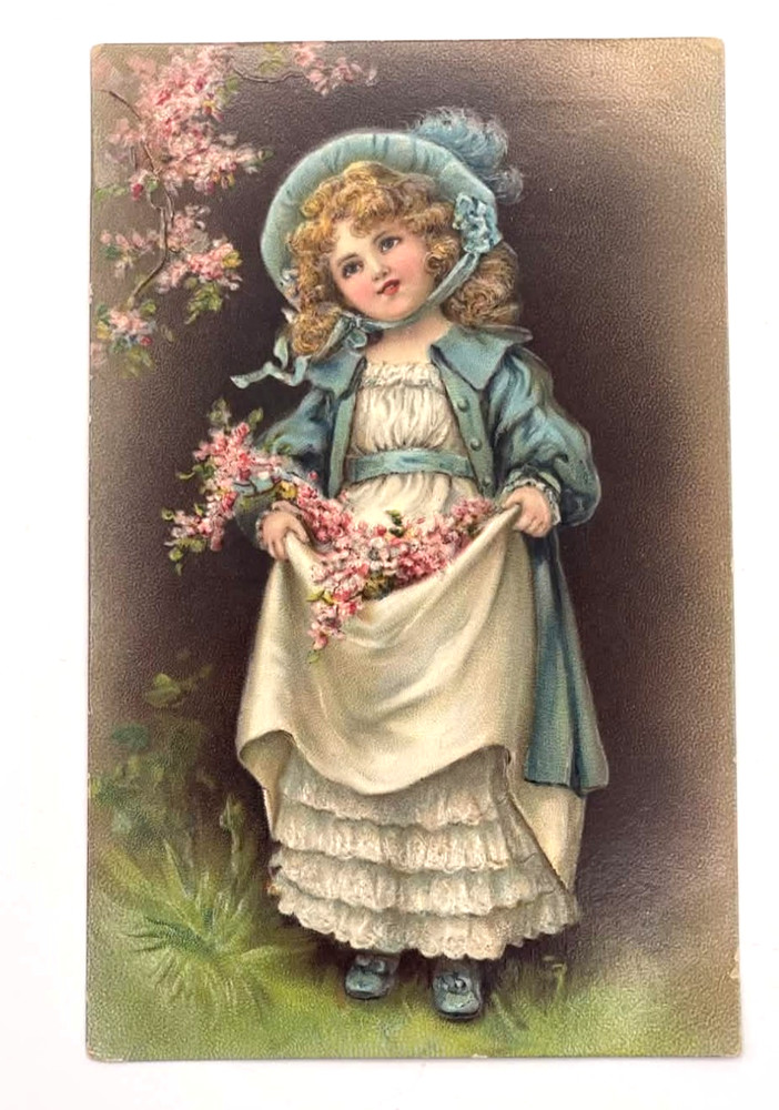 Antique Victorian Girl Blue Dress Floral Blossoms Embossed Postcard