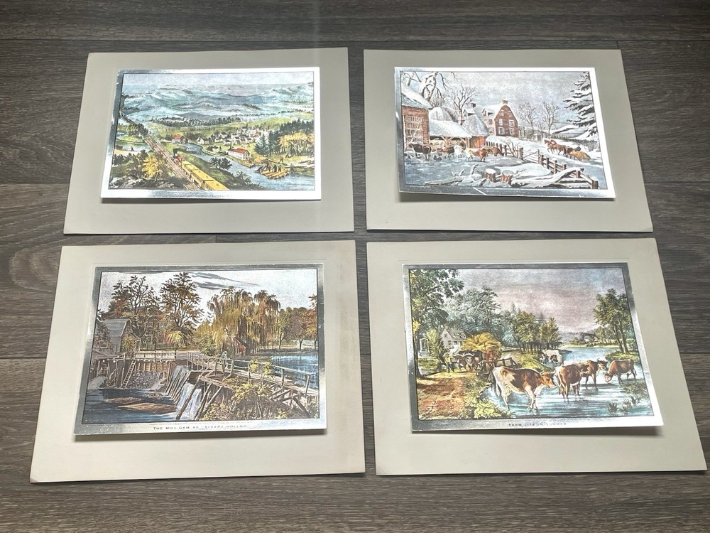 Currier and Ives Set of 4 Vintage 1970's Color Foil Etch Prints