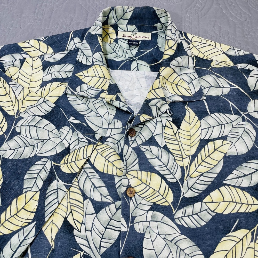 Tommy Bahama Shirt Mens Large Blue Yellow Leaf Silk Hawaiian Button Up Camp