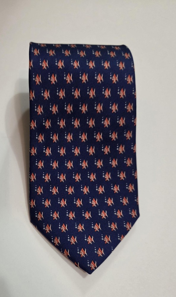 Salvatore Ferragamo Tie Mens One Size Blue Silk Fish Print Ocean Designer Italy