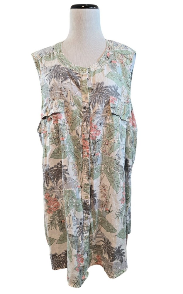 C&C California Womens Tropical Print Sleeveless Linen Button-Down dress Size 3X