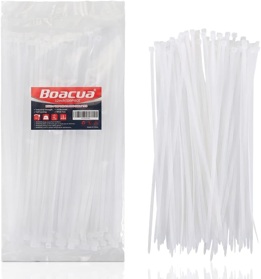 12-Inch White Zip Ties 100-Pack Heavy Duty Cable Ties 12