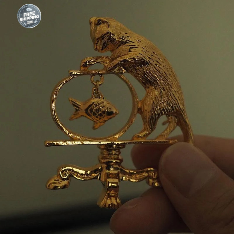Antique Jewelry Cat Vintage Fishing Brooch Personality Vintage Brand Gold Plated
