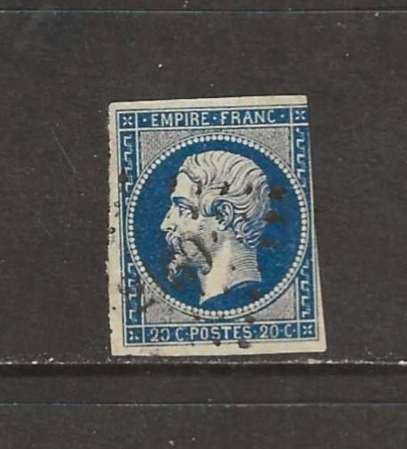 FRANCE - 1853-60 USED EMPEROR NAPOLEON III 20c BLUE STAMP - SCOTT 15a - S189