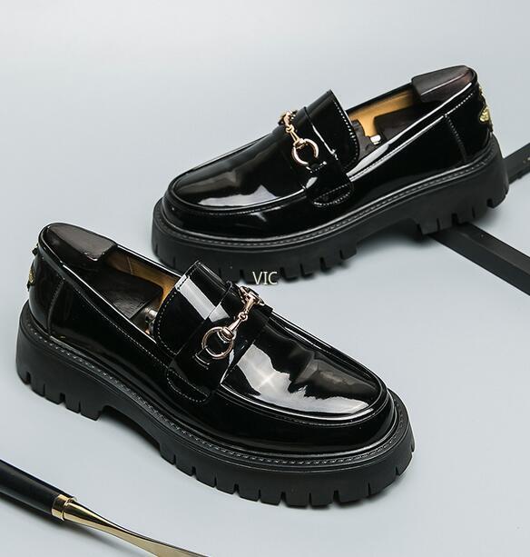 Men Chunky Buckle Patent Leather Embroidery Youth Slip on Loafers Platform Shoes