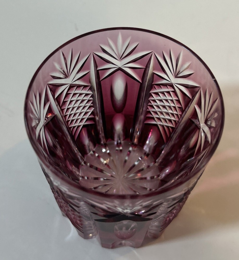 Kagami Crystal Rocks Glass Cranberry Edo Kiriko Japan Cut To Clear Whiskey