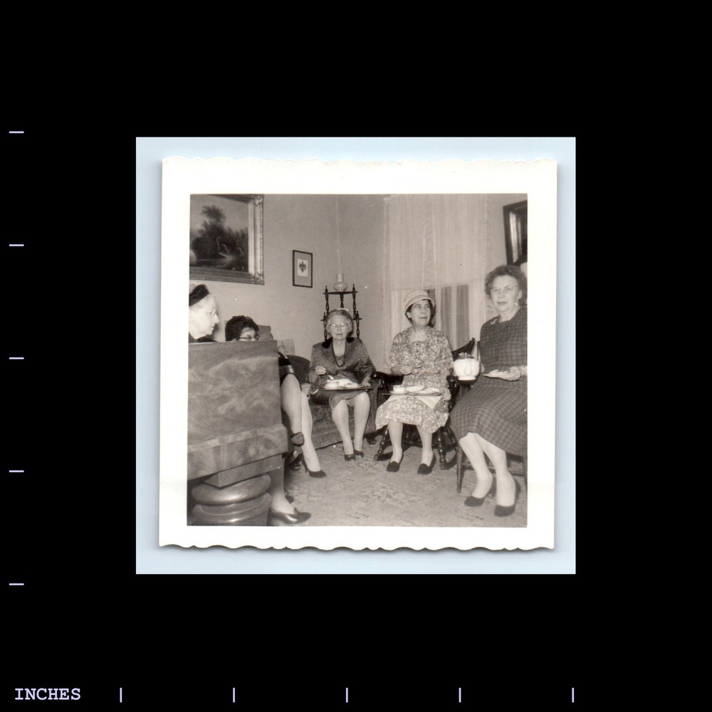 Old Square Photo WOMEN SITTING IN LIVING ROOM DRINKING TEA