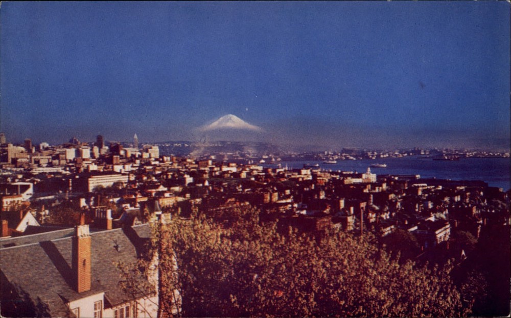 Snow capped Mt Rainier from Queen Anne Hill ~ Seattle Washington sunset ~ 1950s