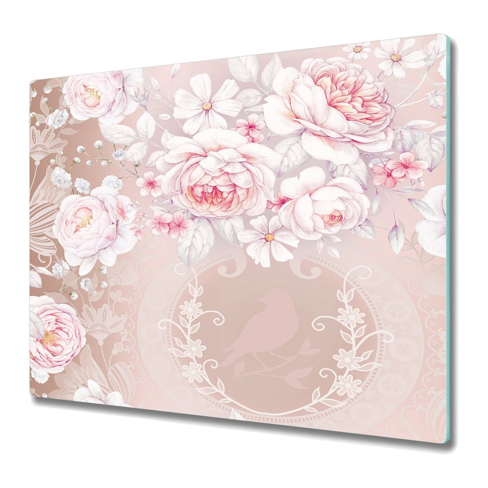 Tempered Glass Induction Ceramic Hob Cover White roses grey and white 60x52