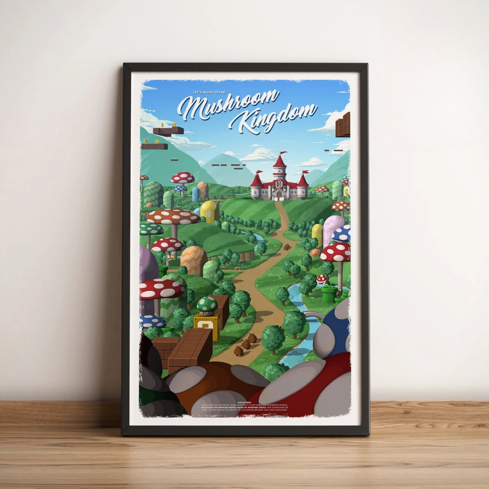 Mushroom Kingdom Super Mario Poster Retro Travel Gamer Wall Art Canvas
