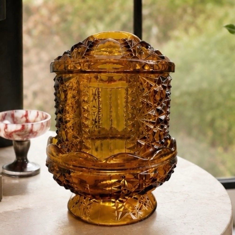 Indiana Glass Stars Bars Amber Fairy Lamp LARGE 6.5in MCM Candle Holder VTG