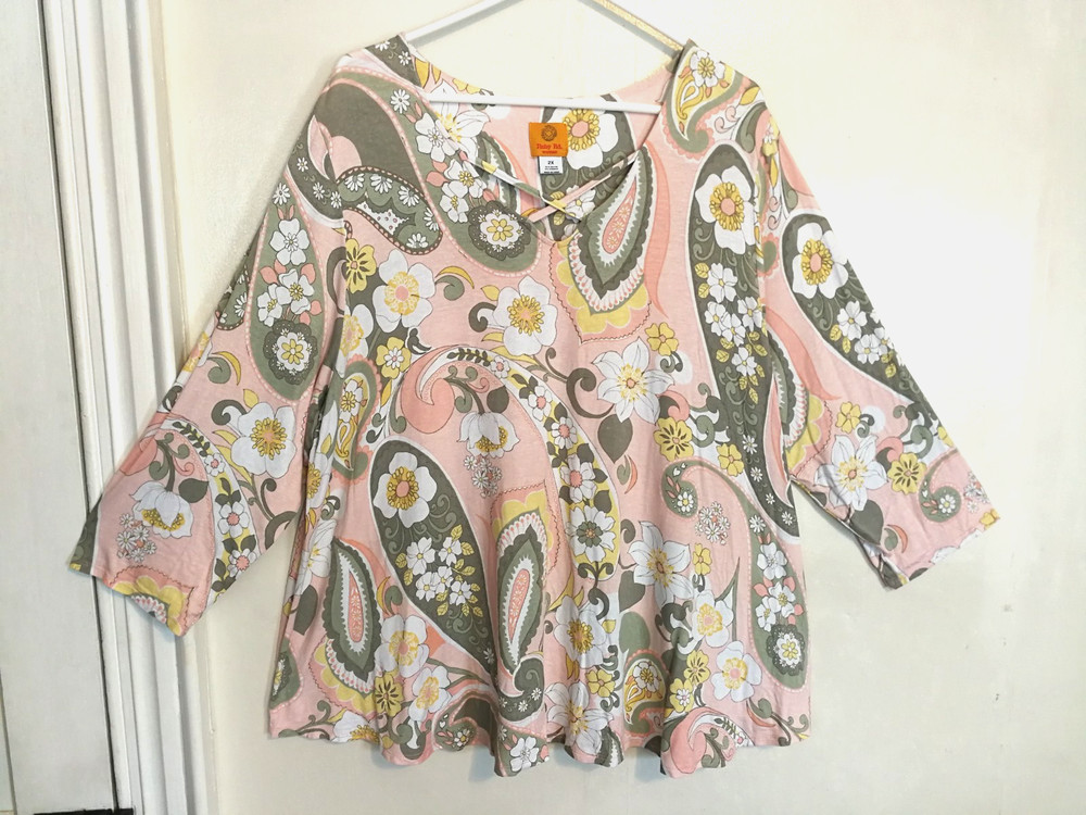 Ruby Rd Womens Blouse 2X Plus Floral Paisley Pink Green V-Neck 3/4 Sleeve Boho