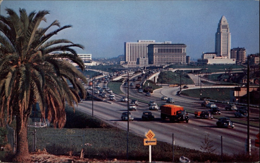 California Hollywood Freeway Civic Center ~ 1950s-60s vintage postcard sku073