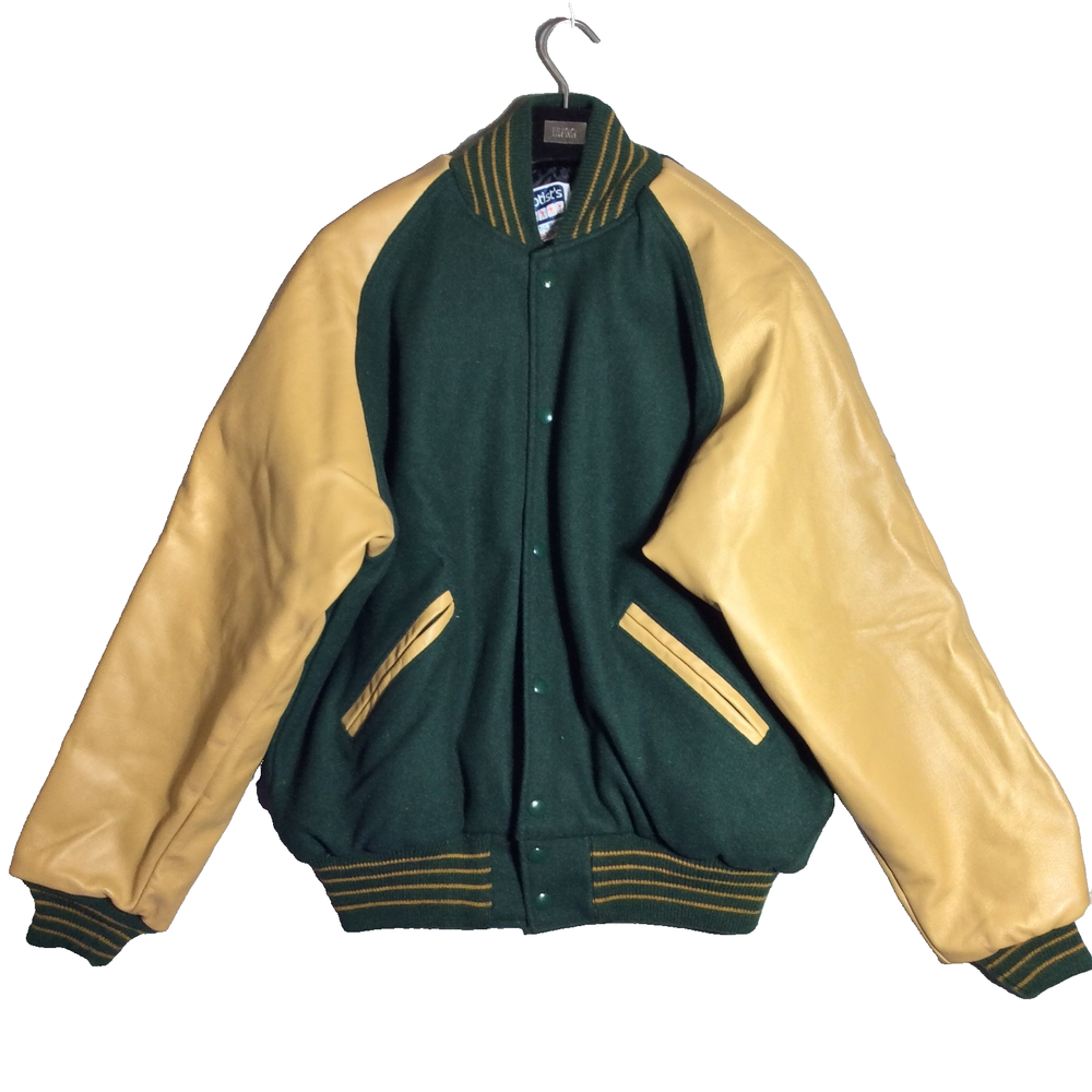 Varsity Letterman Jacket Mens XL Green Wool Genuine Leather Stadium Jumper Lined