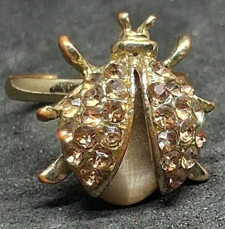 Gold Tone Rhinestone Ladybug Adjustable Statement Ring Costume Jewelry