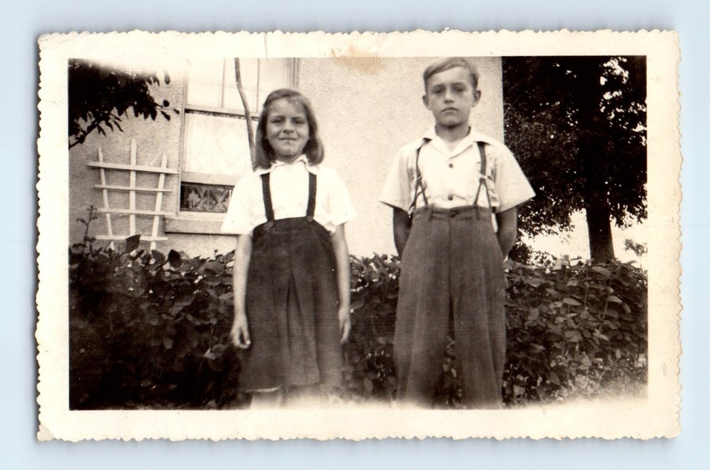 Old Vintage Photo BOY AND GIRL STANDING OUTSIDE HOUSE FOUND SNAPSHOT